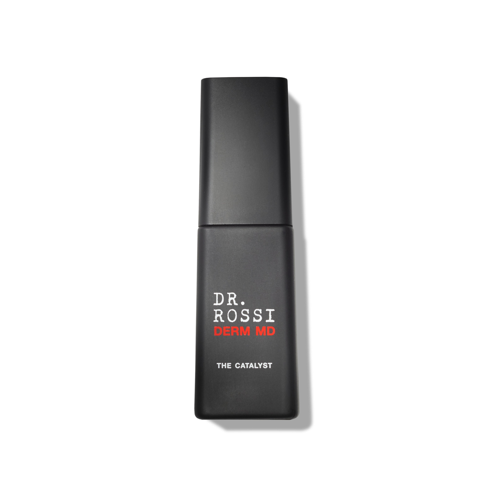 Dr. Rossi Derm MD The Catalyst age-defying serum in black bottle on white background